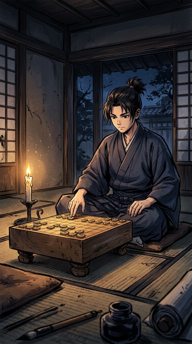 Kaname alone at the shogi board