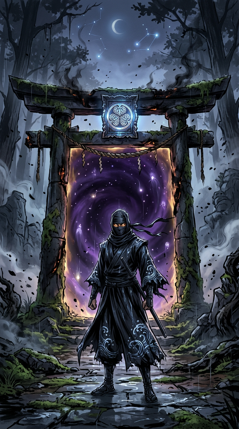 Hanzo at the burned shrine entrance