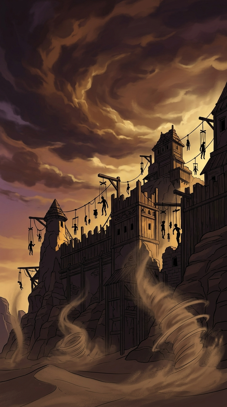 The Sand and Puppets Village silhouetted against a stormy twilight sky