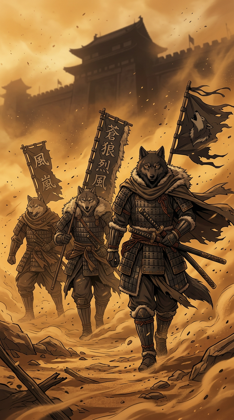 The Fang Clan wolf pack marching through a swirling sandstorm toward the village