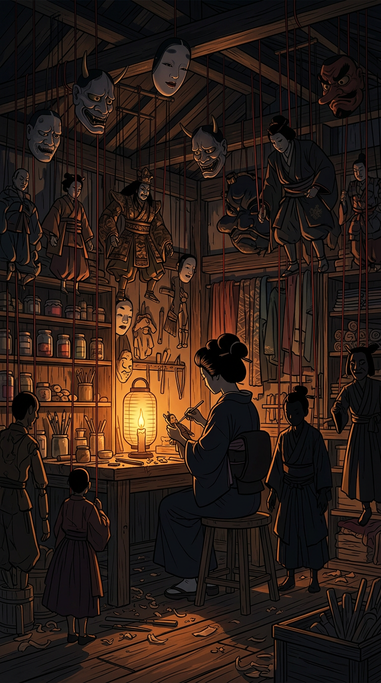 The puppet workshop interior, Noh masks hanging in shadow, amber candlelight on carved wood