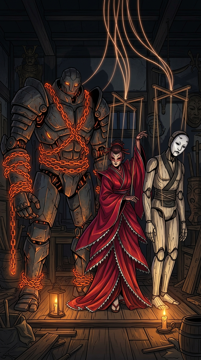All three combat puppets arranged behind Kugutsu-Hime's throne — Red Lady, Marionette, Hell-Carved Construct