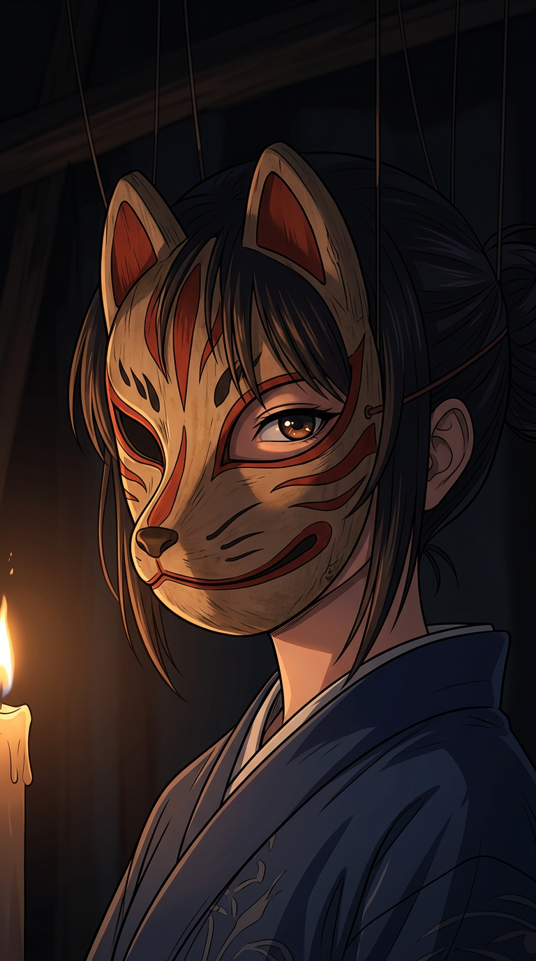 Close-up of Kugutsu-Hime's fox mask, her eyes visible behind it — knowing, unafraid