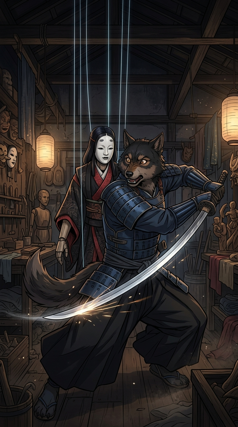 A wolf warrior's blade cuts through empty air — the Eclipse-Born Marionette stands behind him, untouched