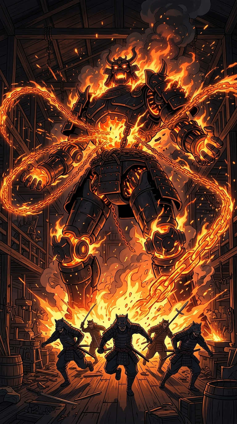 The Hell-Carved Construct fully awakened, blazing ember-chains expanding to fill the room