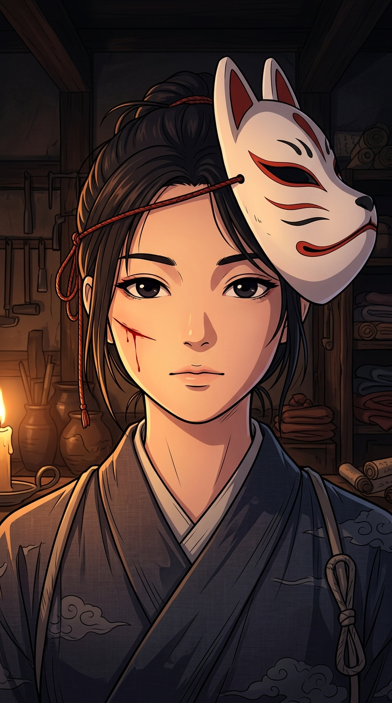 Kugutsu-Hime calm and composed, a thin line of blood on her cheek from where the blade grazed her