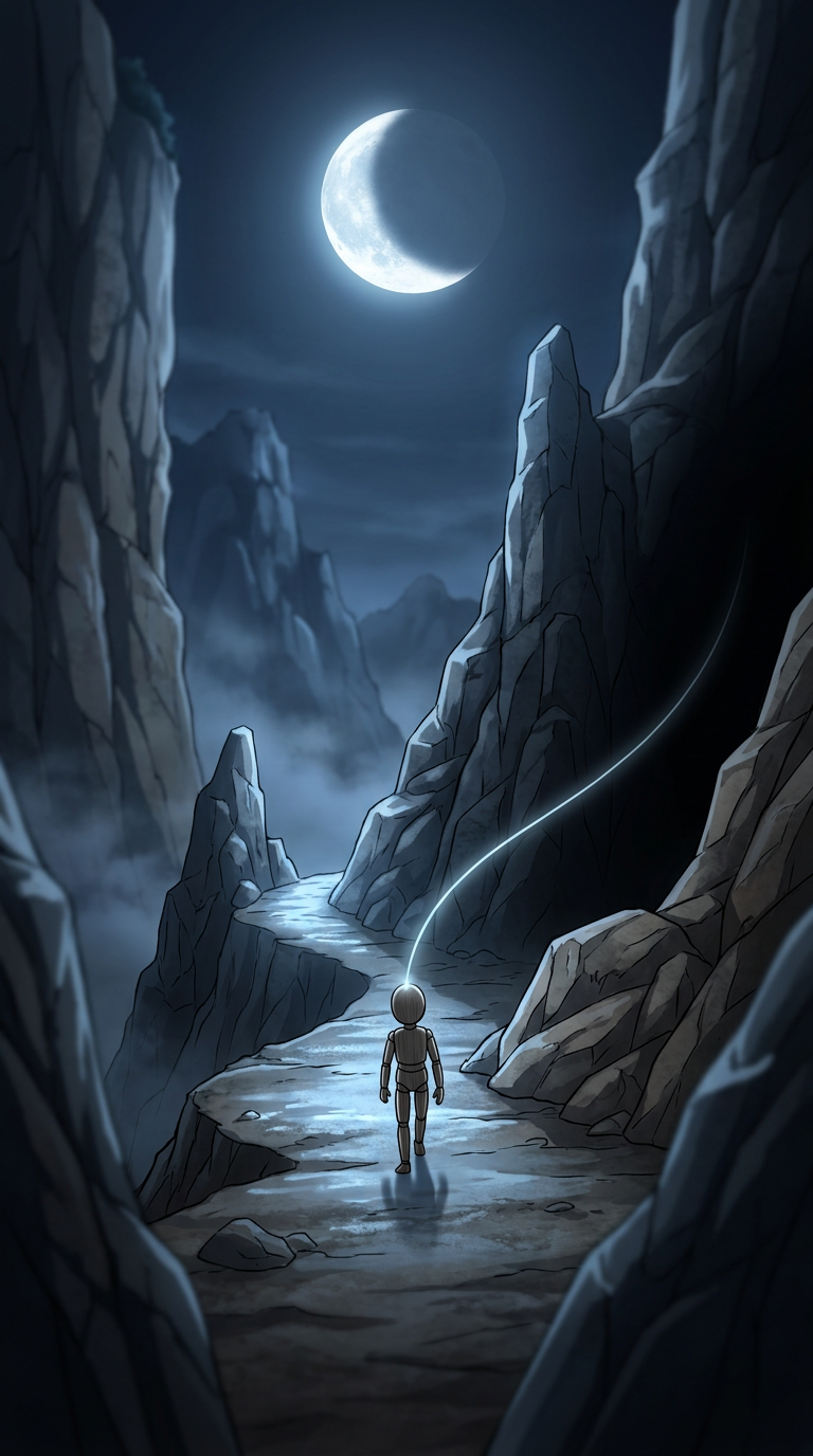 A small unremarkable puppet walks alone through the moonlit mountain pass between towering peaks