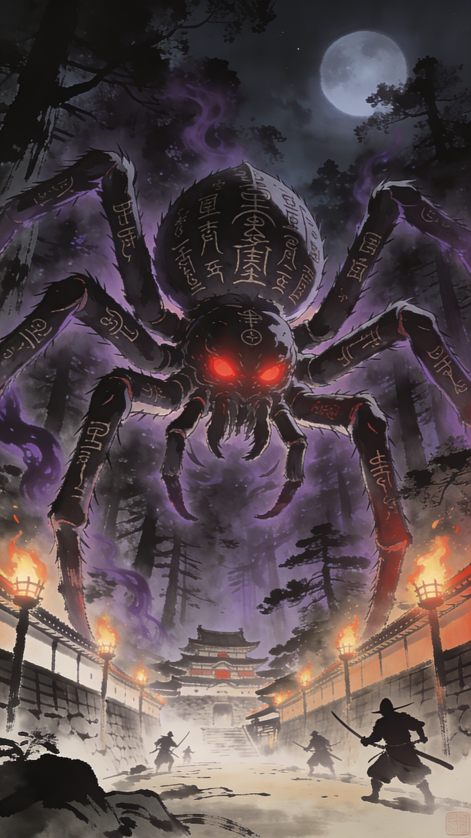 The colossal Tsuchigumo spider yokai emerging from the haunted forest
