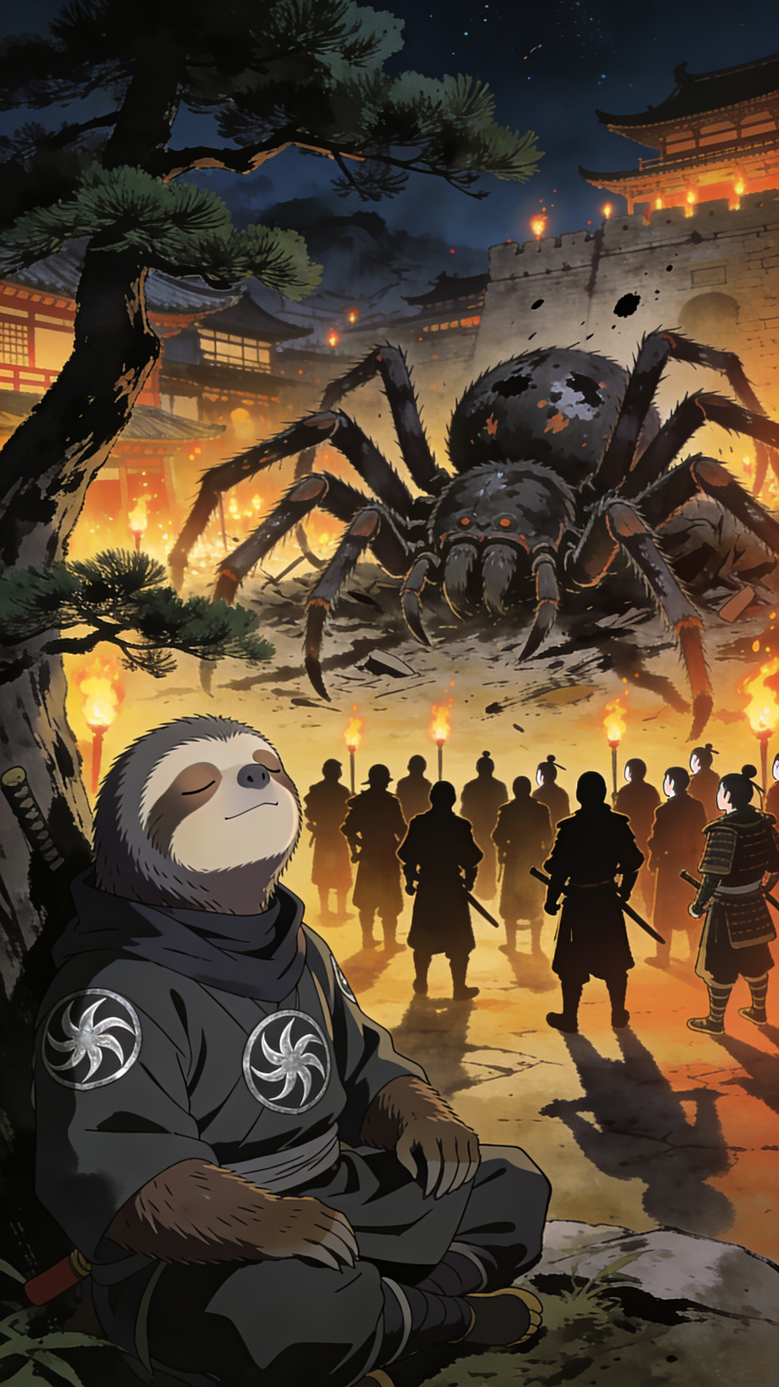 Nineteen warriors staring in silence at the dead spider and the sitting sloth
