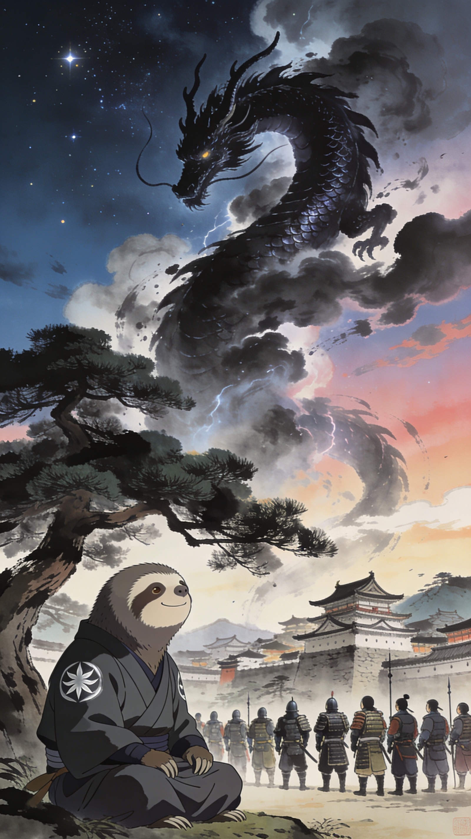 The dragon retreating into clouds, warriors watching, Namake under the cedar