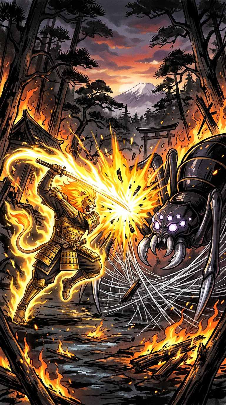 Raikō's solar flame strikes Tsuchigumo — the final battle