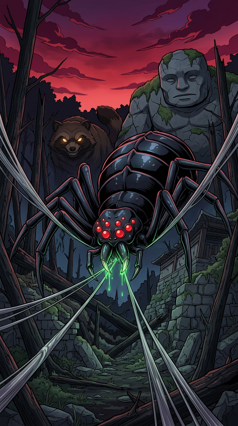 Tsuchigumo spider yokai and companions arriving