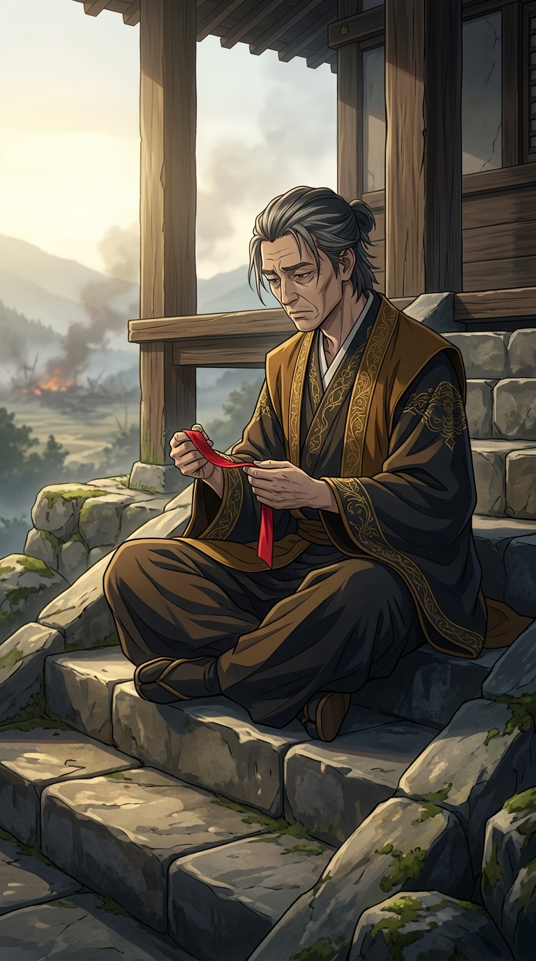 Yorinobu sitting alone on temple steps holding crimson silk
