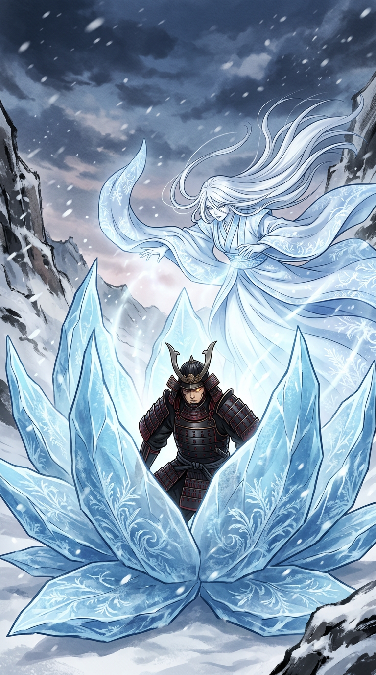 Blossom of the Frozen Heart — the ice lotus closes around the samurai