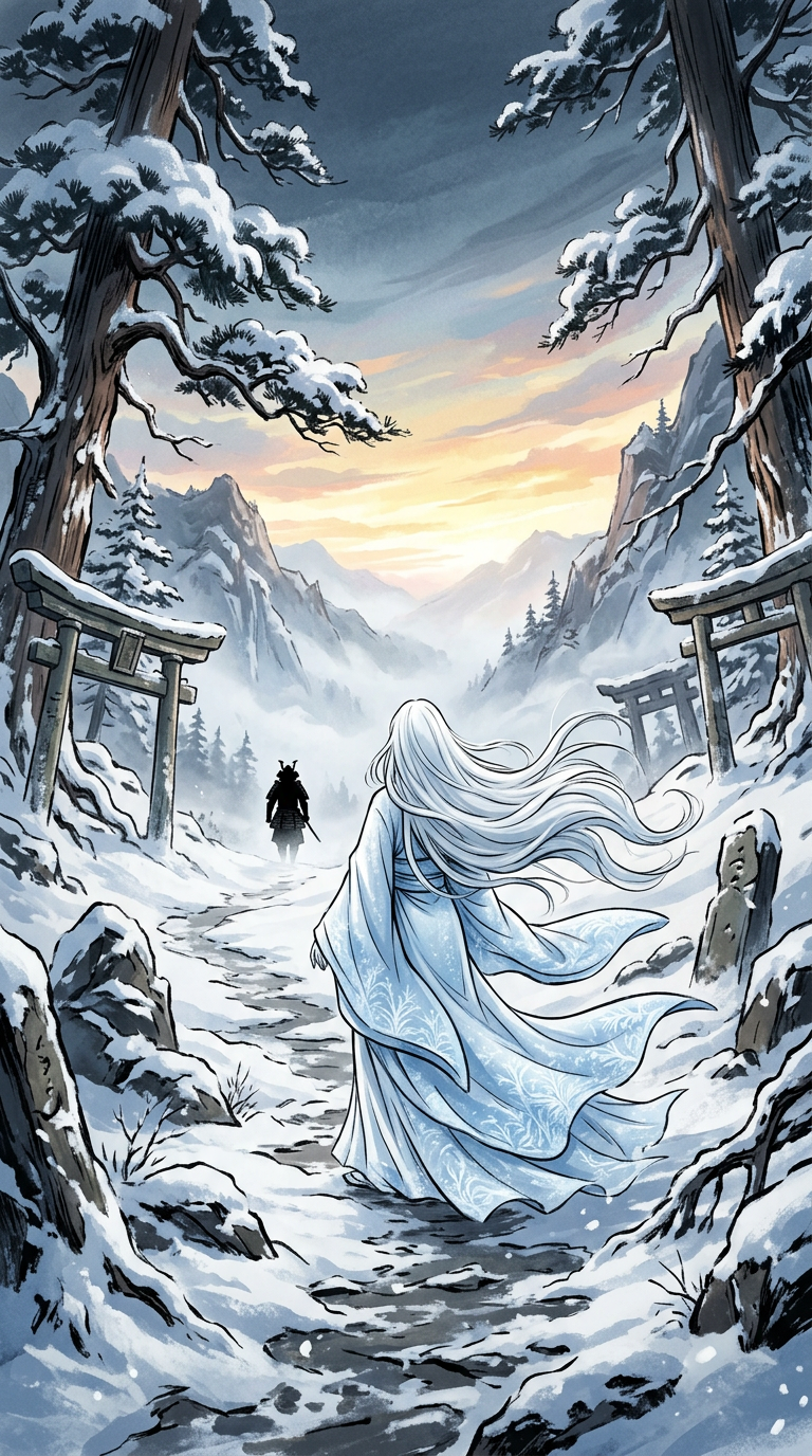 Yuki Onna alone — watching the samurai's silhouette disappear into the dawn mist