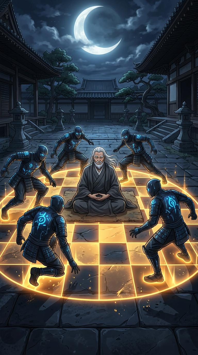 Five shadow clones surround the Zen Master