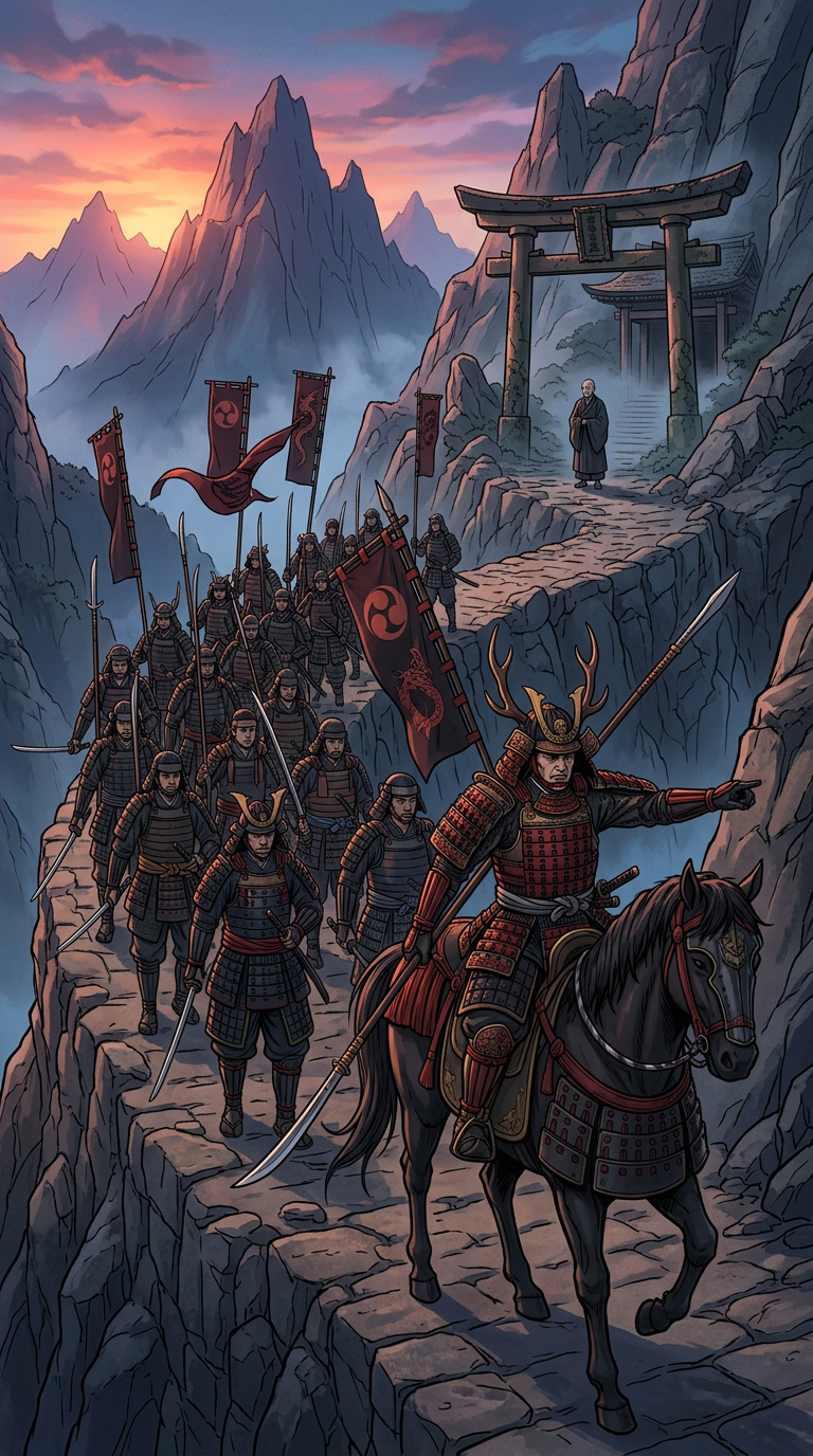 Commander Taizo and forty samurai march toward the temple gate