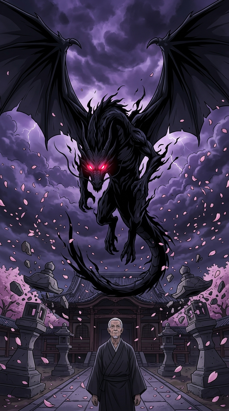 The Abyss-Winged Sovereign descends — its shadow extinguishes the temple lights