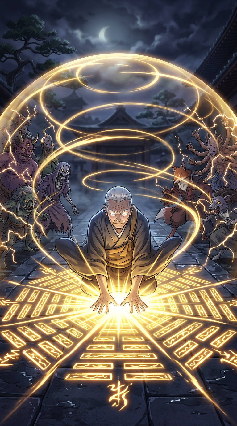 The Circle of Infinite Decisions activates — silver light explodes from Mushin's palms